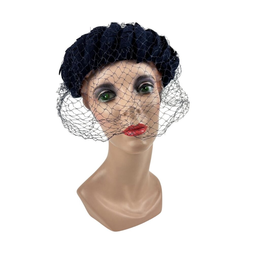 Vintage 50s Navy Hat Blue Veil Wool Scaled Calot Starling - Picture 11 of 11